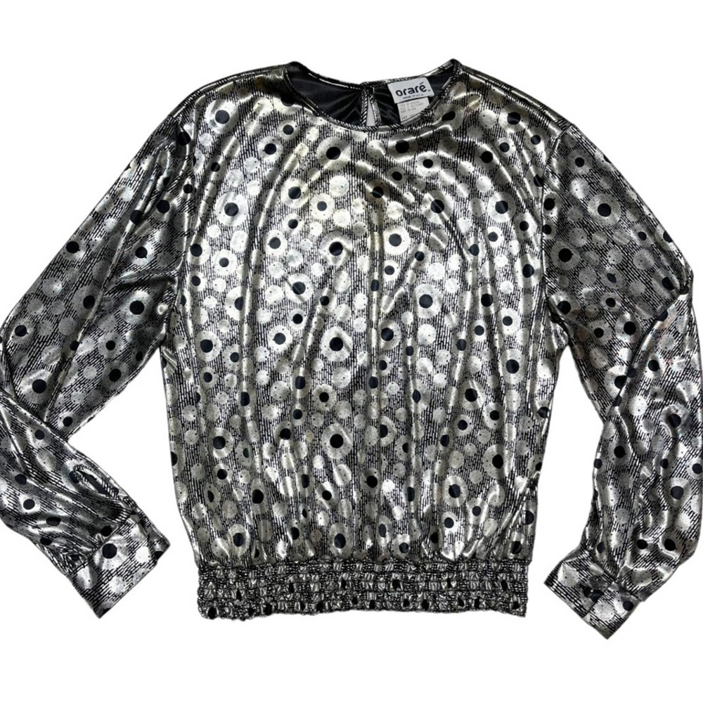 Orare Vintage Metallic Silver Striped Circle Printed Long Sleeve